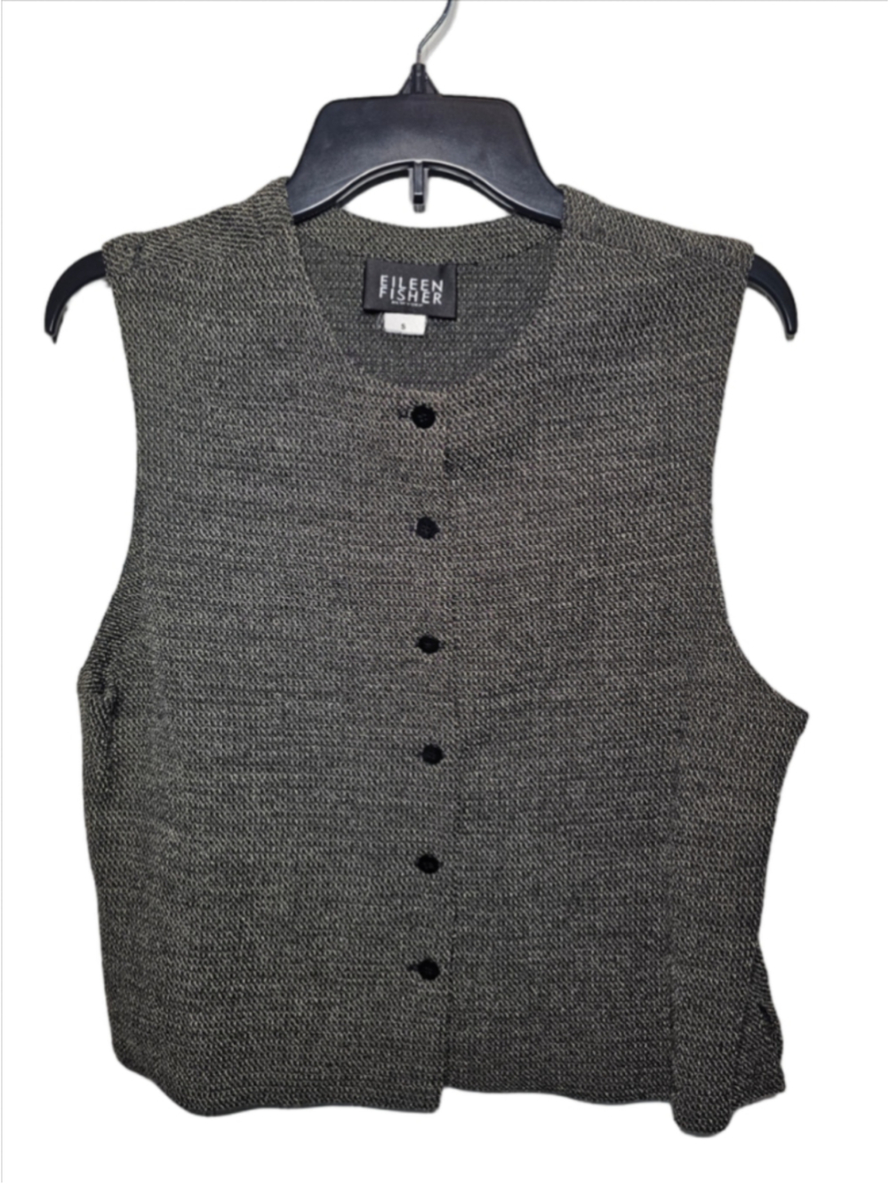 Eileen Fisher Vintage Tweed Knit Vest Small EUC Salt & Pepper Button Front Layer